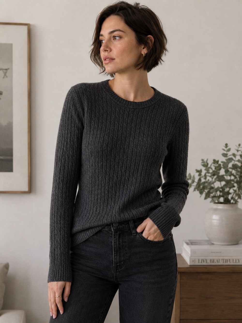 J.Crew Wool Cashmere Cable Knit Crewneck Sweater Charcoal Gray S